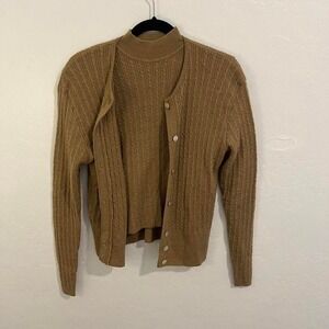 2 piece merino wool mock neck sweater & cardigan office monochromatic chic sz L